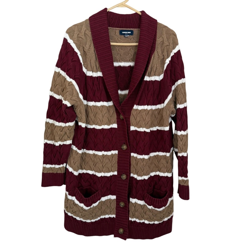 Lands End Drifter Shawl Collar Cardigan XL Cable Knit Striped Cotton Cabin Coast